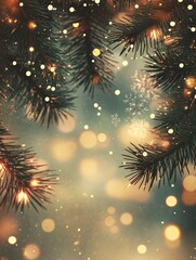 Poster - 2D cartoon illustration of Christmas and New Year theme featuring fir tree branches framing a blurred background adorned with stars snowflakes and bokeh effects