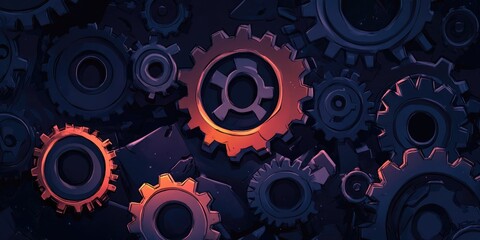 Poster - 2D cartoon illustration of gear designs against a dark backdrop