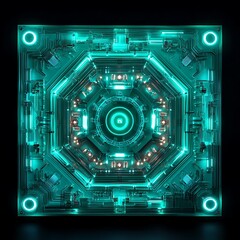 Poster - Futuristic Abstract Circuit Board Design with Neon Glow and Geometric Shapes, Ideal for Technology, Digital Art, and Sci-Fi Themes