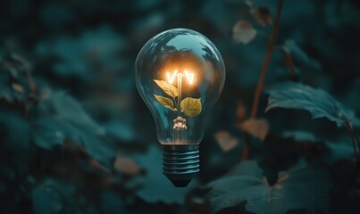 Poster - light bulb with plant inside, symbolizing nature and innovation. bright glowing filament, green leav