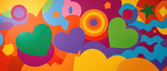 Poster - Red lime hearts and green rings in a square orange geometric design with purple yellow pink and blue polygonal shapes Bright oval and pastel stars with zigzag wave on a colorful backdrop