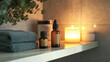 © Madeleine Steinbach - Bottles of aromatherapy essential oil with spa towels and fresh eucalyptus plant in a modern bathroom