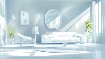Poster - 2D cartoon illustration of a white plastic glossed interior design