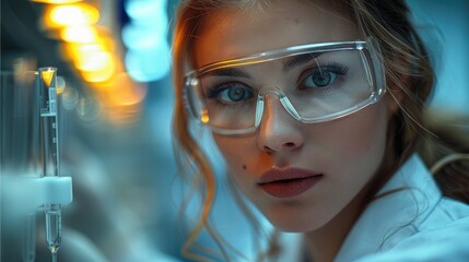 Poster - A scientists in a laboratory looking at a test tube, Medical and scientist concept.