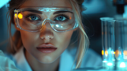 Poster - A scientists in a laboratory looking at a test tube, Medical and scientist concept.
