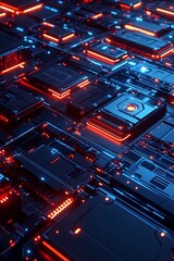 Poster - futuristic circuit board design with vibrant red and blue lights showcasing an intricate network of 