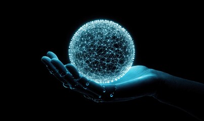 Poster - Digital globe held in hand, glowing network connections, futuristic technology concept, dark background