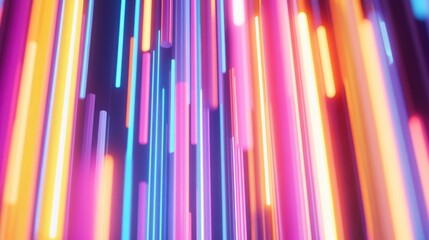 Poster - Contemporary abstract 2D cartoon illustration featuring glowing vertical lines and a collection of vibrant futuristic radiant sticks creating a stylish backdrop