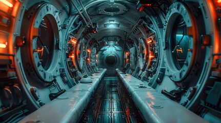 Poster - Inside a submarine, dark lights, neon lights, future, submarine interior.