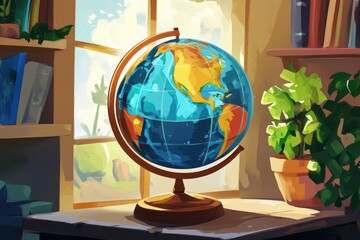 Poster - 2D cartoon illustration featuring a background with a globe design