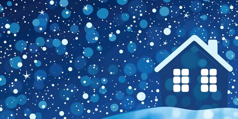 Poster - A house icon on the right filled with white dots against a backdrop of various shades of dots and circles This 2D cartoon illustration features a blue background adorned with stars