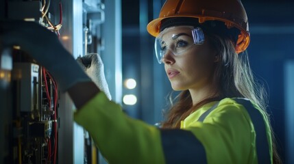 Poster - a woman in a yellow and green safety suit is working on a power box