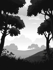 Poster - Monochrome 2D cartoon illustration of a panoramic landscape featuring silhouetted trees