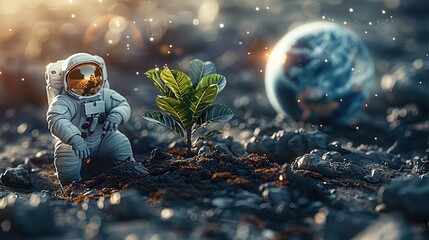 Poster - An astronaut planting an exotic plant on the moon surface, with Earth in view in the background, symbolizing global environmental harmony and sustainability.