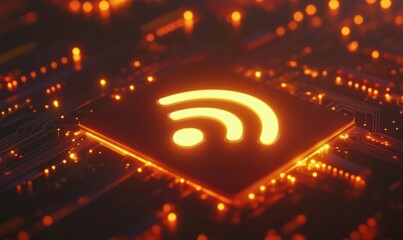 Poster - Wi-Fi symbol glowing on circuit board, digital technology concept, vibrant orange lights, modern connectivity, abstract background