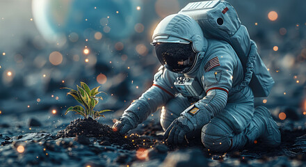 Poster - An astronaut planting an exotic plant on the moon surface, with Earth in view in the background, symbolizing global environmental harmony and sustainability.