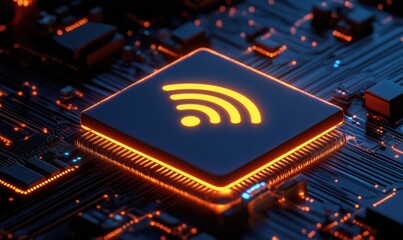 Poster - wi-fi symbol on microchip, glowing orange, circuit board background, technology concept, digital con
