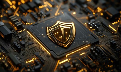 Poster - Digital security shield on circuit board, intricate electronic components, glowing lights, technology concept