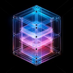 Poster - Futuristic Transparent Hexagonal Structure with Vibrant Neon Colors, Unveiling Layers of Light and Depth on a Dark Background