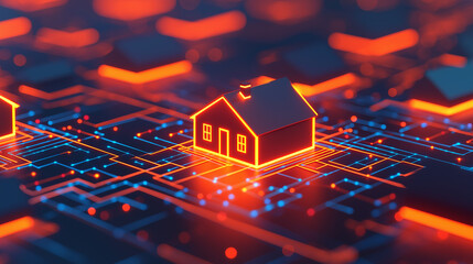 Poster - secure smart home network with glowing house icons and circuits