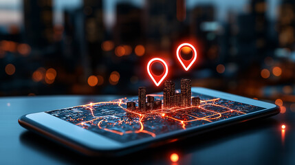 Fototapete - digital map on mobile screen with glowing location icons showcases urban navigation