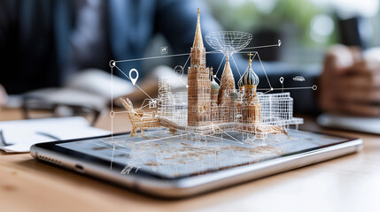 Leinwandbilder - digital map on tablet displaying 3D city landmarks and icons