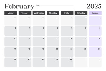 Wall Mural - february 2025 calendar desk planner, week starts on monday, minimal design with blank lines, vector 