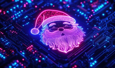 Poster - Neon Santa Claus illustration on circuit board, vibrant colors, digital art, Christmas theme, technology fusion