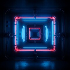 Wall Mural - Vibrant Neon Tunnel with Geometric Patterns in Blue and Red Light, Creating a Hypnotic Effect in a Dark Environment for Futuristic and Abstract Themes