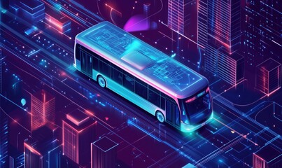 Poster - Futuristic electric bus navigating neon cityscape, vibrant colors, digital elements, urban environment, advanced technology, smart transportation