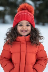 Wall Mural - A young girl wearing a red hat and orange coat is smiling. She is standing in the snow and she is enjoying the cold weather