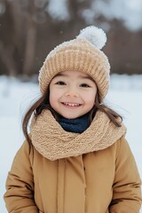 Sticker - A young girl wearing a brown hat and scarf is smiling and posing for a picture. Concept of warmth and happiness, as the girl appears to be enjoying the winter weather