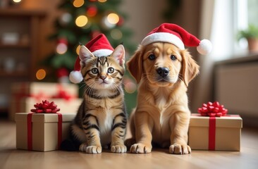 Wall Mural - A cat and puppy wear Santa hats by a Christmas tree