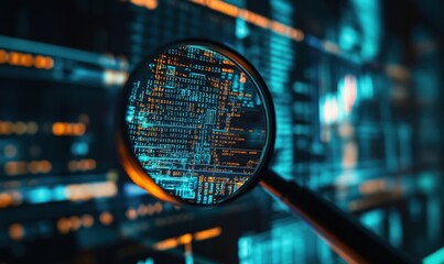 Poster - Magnifying glass focusing on digital data visualization, intricate patterns of binary code and graphs, vibrant blue and orange colors