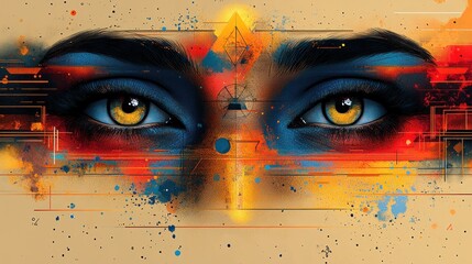 Wall Mural - Abstract artwork featuring vibrant eyes and colorful splashes.