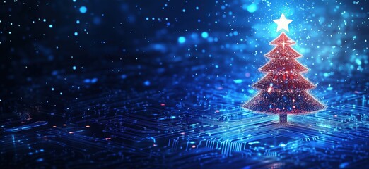 Poster - Christmas tree glowing with lights, digital circuit background, festive atmosphere