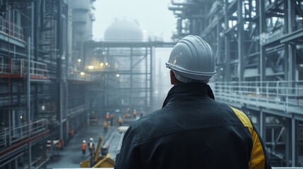 Poster - A man in a hard hat stands in front of a large industrial building