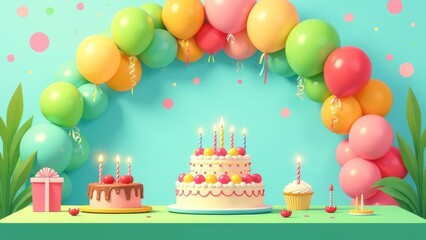 Aufkleber - A birthday party with a cake and balloons