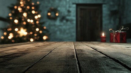Poster - A wooden table with a red box and a candle on it