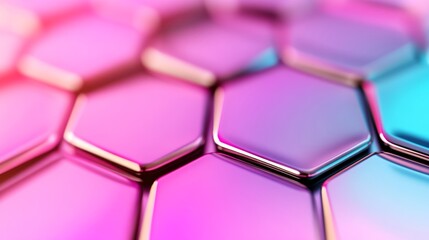 Poster - Close up of a pink and purple hexagonal pattern. The pattern is made up of small, shiny, metallic shapes. The colors are bright and vibrant, giving the impression of a futuristic, high-tech design