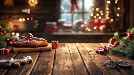 Poster - A wooden table with a pizza and cookies on it