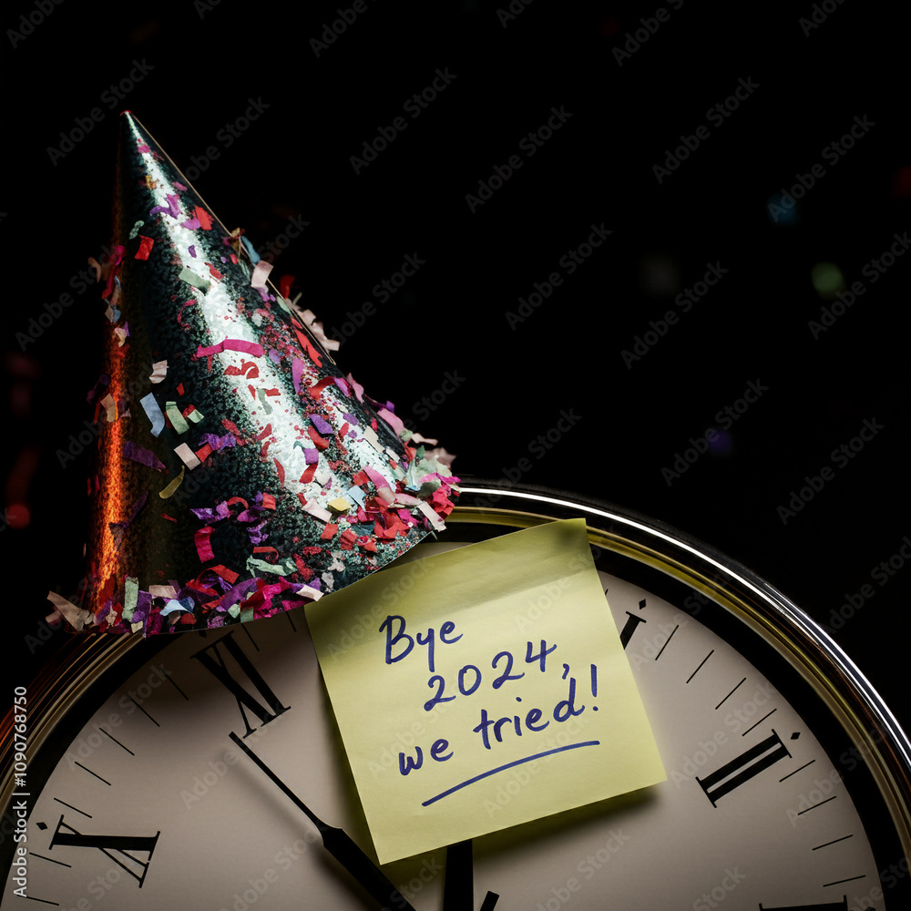 alarm clock with cone hat party hard and confetti a sticker on it says ...
