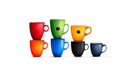 Poster - Row of colorful cups stacked on top of each other. The cups are of different colors and sizes