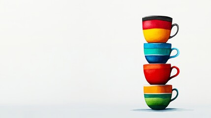 Poster - Stack of colorful cups on top of each other. The cups are of different colors and sizes. Concept of creativity and playfulness, as the cups are arranged in a unique and visually appealing way