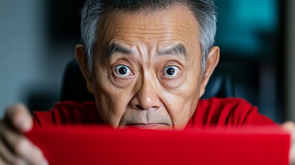 Poster - Man in a red shirt is looking at a red tablet. He has a surprised expression on his face