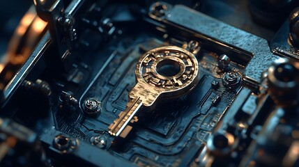 Aufkleber - Intricate mechanical key design futuristic technology close-up shot dark environment macro view digital innovation