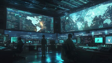 Poster - Monitoring cybersecurity operations high-tech control room digital environment futuristic perspective data visualization
