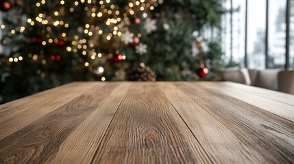 Poster - A wooden table with a Christmas tree in the background