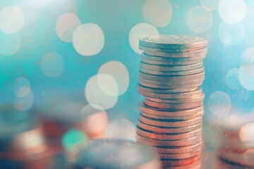 Poster - Close-up View of Stacked Coins Glimmering in Soft Focus with Bokeh Effect on Blue Background, Depicting Wealth and Financial Growth Concepts in Contemporary Finance