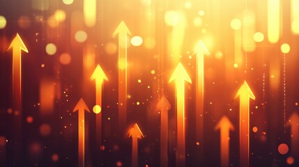 Poster - Abstract orange arrow background with glowing lights showcasing upward trends and growth, perfect for illustrating success, progress, or increasing value in business and finance.